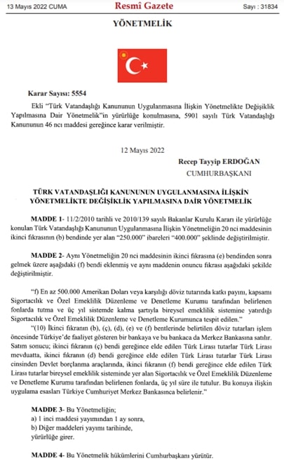 Increasing the cost of Turkish citizenship