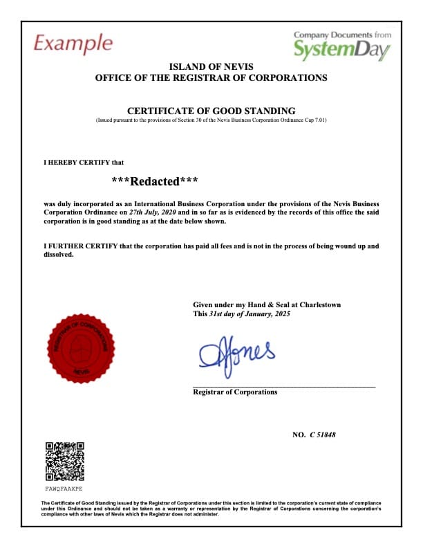 Certificate of Good Standing in Nevis