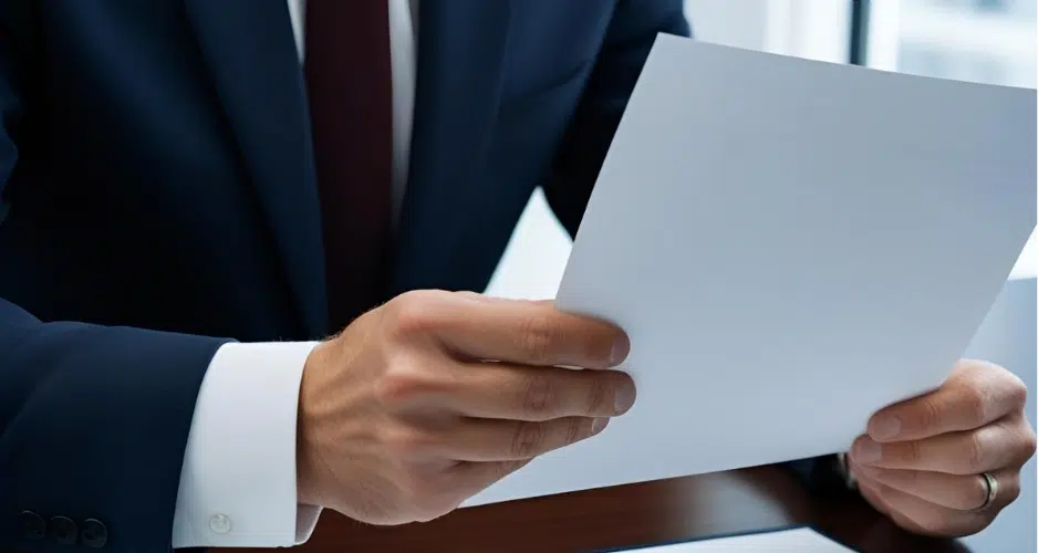A businessman in a suit holds a blank document, representing legal paperwork or agreements related to LLCs and trusts.