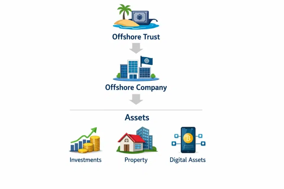 Infographic showing the flow from an offshore trust to an offshore company and then to assets, including investments, property, and digital assets.