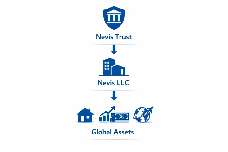 Infographic of asset ownership structure: Nevis Trust → Nevis LLC → Global Assets, international asset management, capital protection, offshore structure, white background, blue icons
